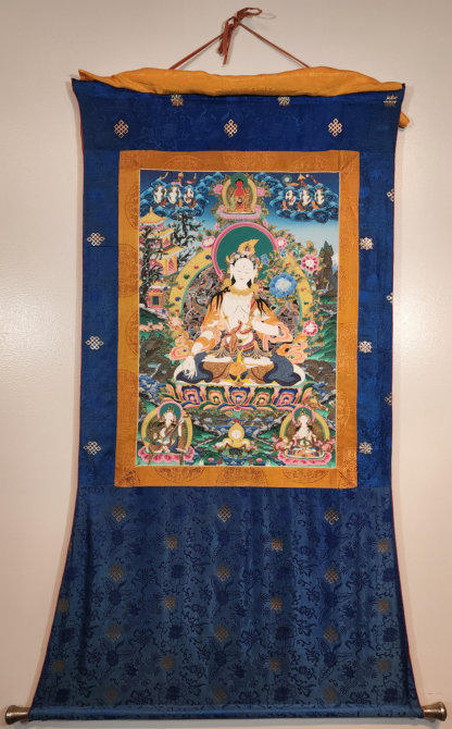 Ca. 1900’s, one of four hand painted Nepalese Thangkas, gouache on silk, 26.5 x 18” image, 58 x 38” full tapestry, anonymous donor.