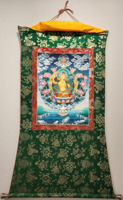 Ca. 1900’s, one of four hand painted Nepalese Thangkas, gouache on silk, 22 x 16” image, 51 x 35” full tapestry, anonymous donor.